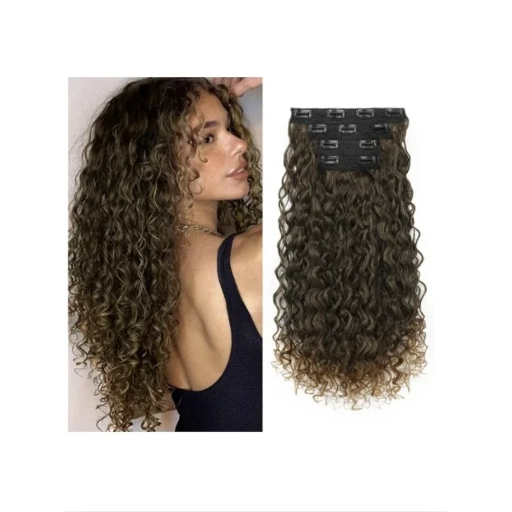 Flufymooz 20 Inch Curly Clip In Hair Extensions Brown Dirty Blonde Protein Silk
